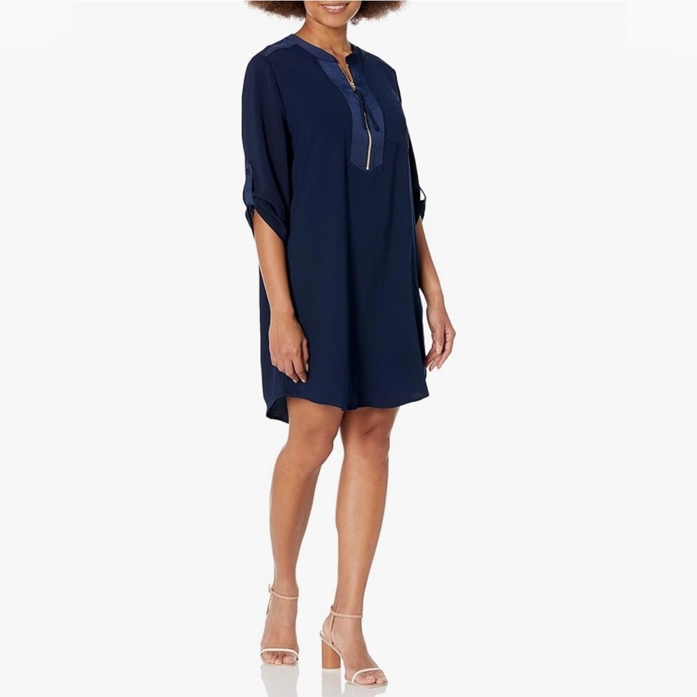 Trina Turk Kaiko 2 Navy Blue Shift Dress Large | Half-Zip Roll-Tab Sleeve EUC